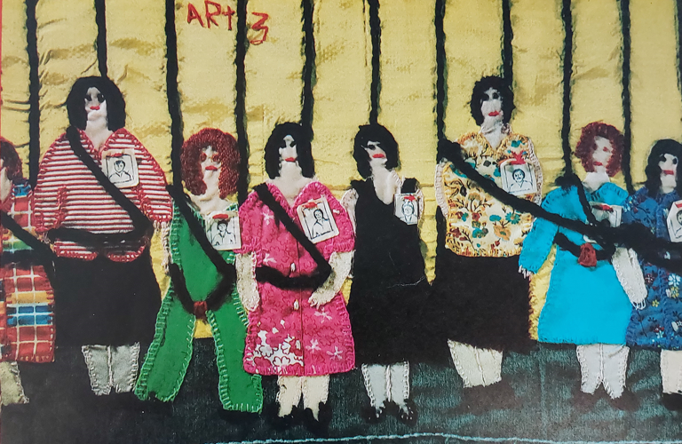 An image of a patchwork showing seven women 