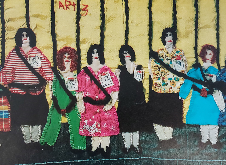 An image of a patchwork showing seven women