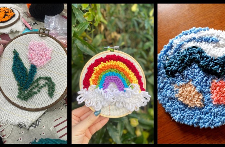A composite of three photographs all showing examples of punch needle embroidery. The first shows a pink tulip, the second shows a rainbow, then the third shows a more abstract blue pattern with circles of orange and pink. 