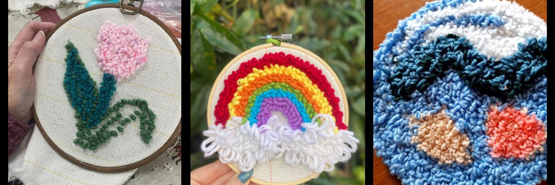 A composite of three photographs all showing examples of punch needle embroidery. The first shows a pink tulip, the second shows a rainbow, then the third shows a more abstract blue pattern with circles of orange and pink. 