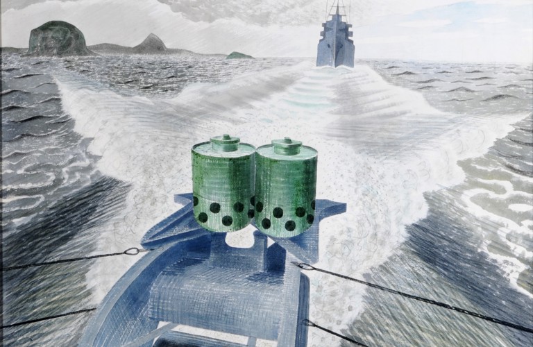 A painting of a small blue and green boat travelling on water. A blue ship is in front of the boat creating a large wave. In the distance there are 3 grey rocks of varying sizes. 