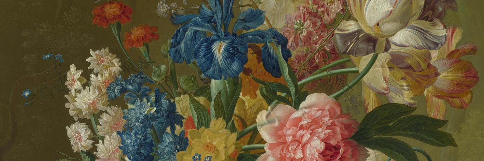 A teeming array of flowers including pink carnations and blue irises arranged in a vase against a muted green background