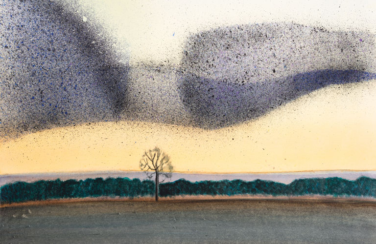 A painting of a large field. There is a green hedge across the centre of the painting, with a tree just left of the middle. The sky is yellow and a large murmuration of birds are depicted using black paint. 