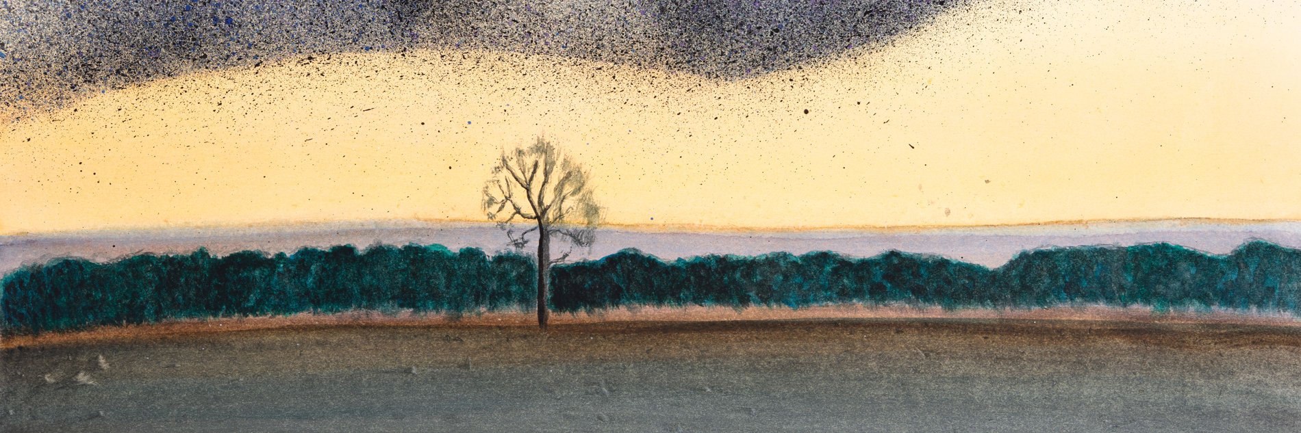 A painting of a large field. There is a green hedge across the centre of the painting, with a tree just left of the middle. The sky is yellow and a large murmuration of birds are depicted using black paint. 
