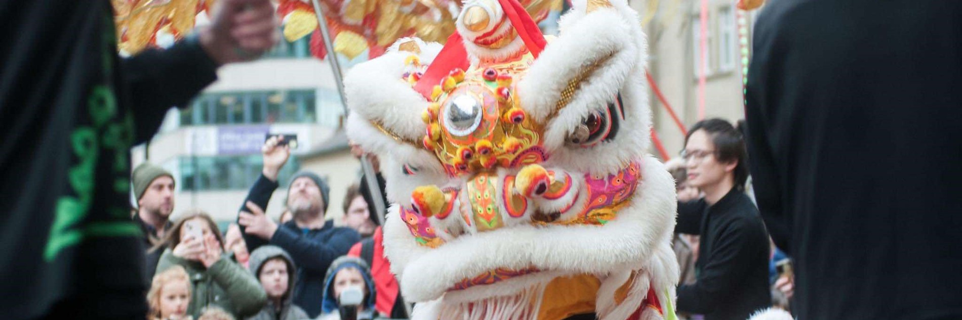 A photograph taken during a lion dance celebrating Chinese New Year. The head of a red, yellow and white dragon is visible.