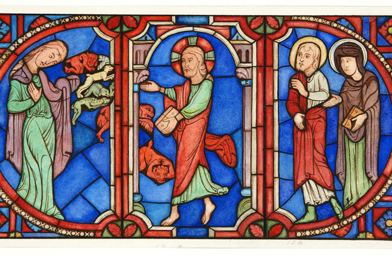 A watercolour study in blues, red and greens depicting a biblical scene featuring four figures surrounded by ornate decorative pattern.