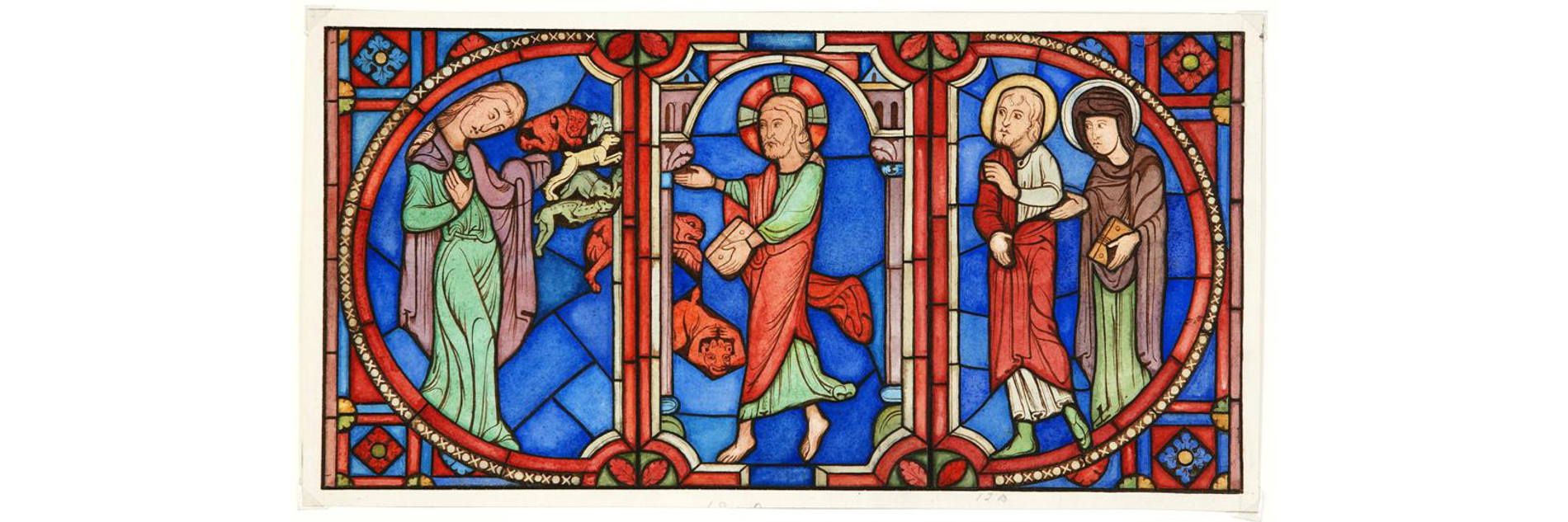 A watercolour study in blues, red and greens depicting a biblical scene featuring four figures surrounded by ornate decorative pattern.