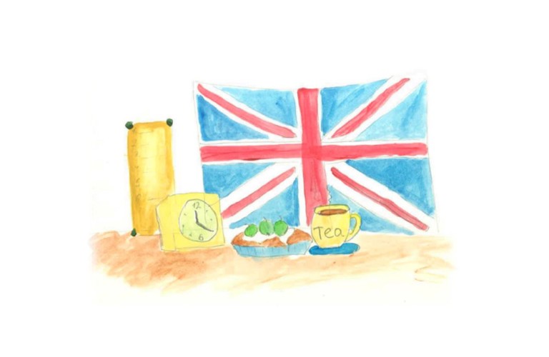 A watercolour painting of the Union flag, a yellow clock, a fruit tart and a yellow cup of tea.