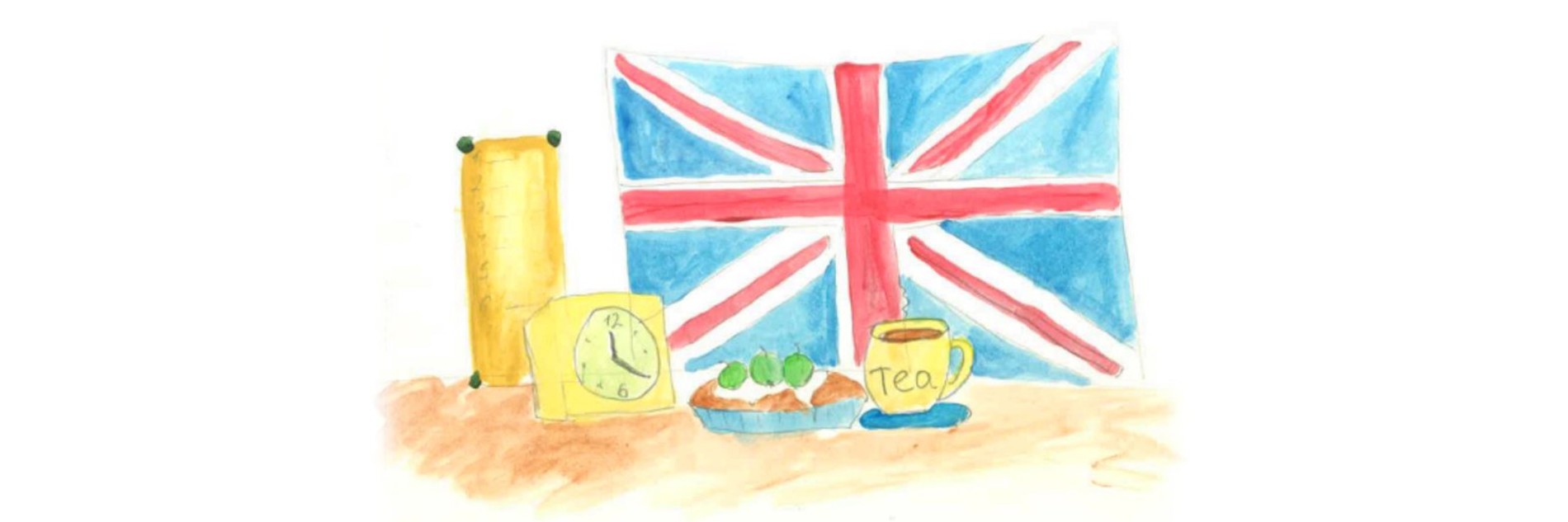 A watercolour painting of the Union flag, a yellow clock, a fruit tart and a yellow cup of tea.