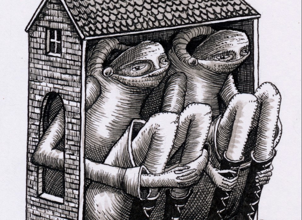A pen and ink drawing of two human-like figures sitting inside a house exterior;