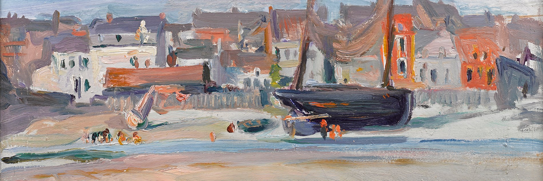 A painting of a coastline in shades of blue, yellow, cream and orange,  On the beach there is a boat, and behind the coastline there is a row of buildings. 