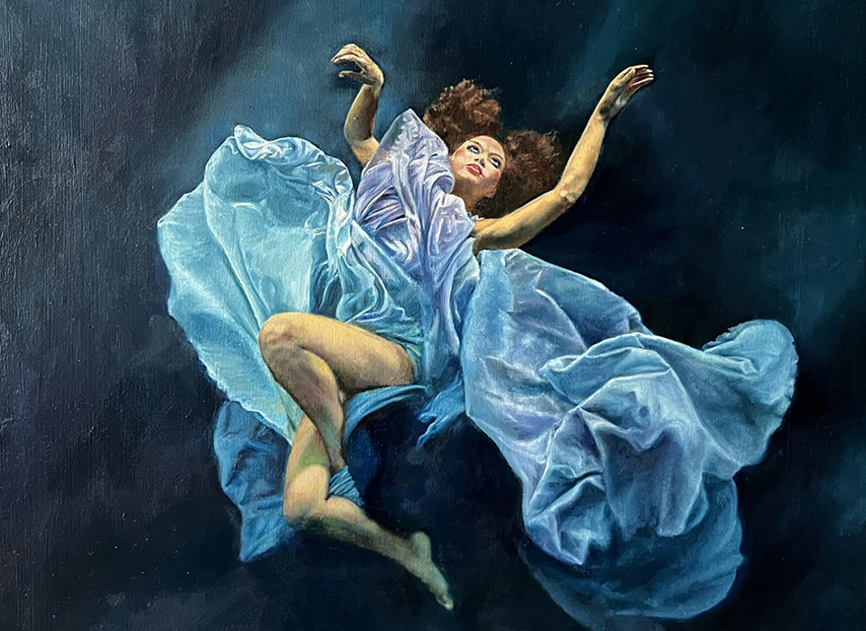 A painting of a woman floating in water. She is wearing a blue dress that is billowing around her. The water is dark and she is lit from above.
