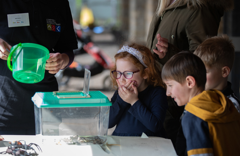 Three primary school aged children looking at a small animal tank, one has their hands over their mouth, looking surprised. 