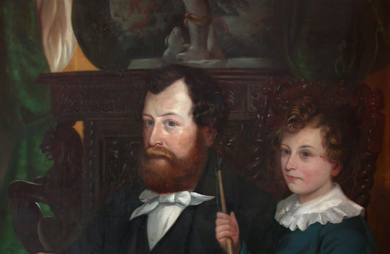 A painting of Thomas Bateman (center) with his young son (right). Bateman sits by a table with his hand on a skull. He son stands next to him holding what looks like a fishing pole. Both are smartly dressed, with bright white collars. 