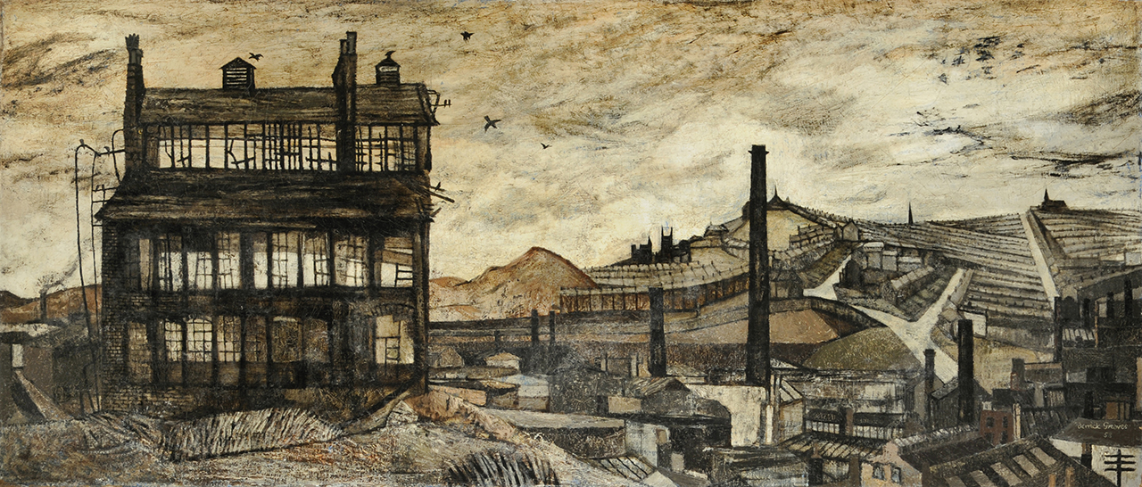 A photograph of Derrick Greaves 1953 Work Sheffield. It is a sepia toned painting, with a brushed brown background. The midground is filled with black linework detailing houses and factories, spanning across the bottom half of the image.  On the left of the foreground stands a disheveled factory with broken windows. Simple birds fly around the old factory.