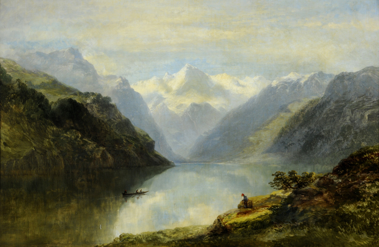 A painting of Lake Lucerne surrounded by mountains. A boat with three people in is visible in the centre of the lake. In the foreground, there is a green hill with another figure visible. The mountains dominate the middle third of the image, surrounding the lake on both sides. Snowy mountains are visible in the distance.