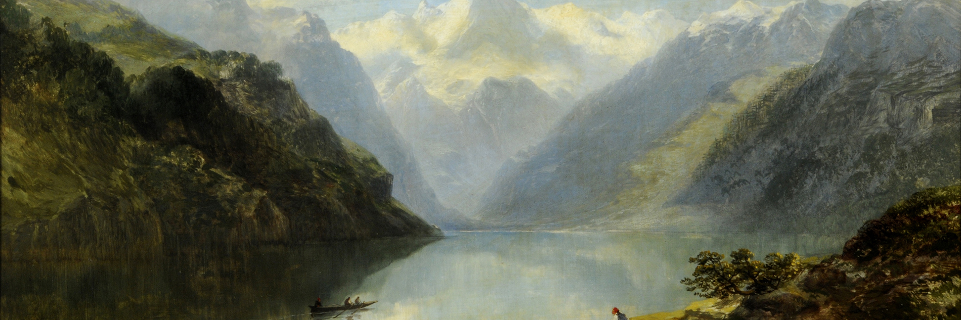 A painting of Lake Lucerne surrounded by mountains. A boat with three people in is visible in the centre of the lake. In the foreground, there is a green hill with another figure visible. The mountains dominate the middle third of the image, surrounding the lake on both sides. Snowy mountains are visible in the distance.