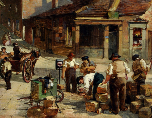 A cropped image of Godfrey Sykes' painting Norfolk Street and Pinstone Street with St Paul's Sheffield. This cropped image shows the bottom third of the painting. On the left of the frame, there is a horse drawn cart, whose driver has pulled over for a chat with someone on the street. To the right, there are five men sorting out a large delivery of packages. Behind them, the streets and buildings retreat back into the painting.