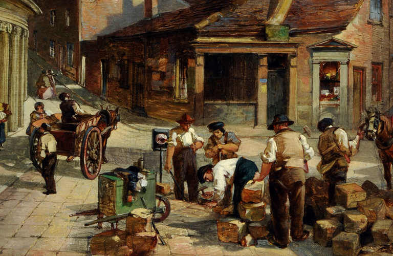 A cropped image of Godfrey Sykes' painting Norfolk Street and Pinstone Street with St Paul's Sheffield. This cropped image shows the bottom third of the painting. On the left of the frame, there is a horse drawn cart, whose driver has pulled over for a chat with someone on the street. To the right, there are five men sorting out a large delivery of packages. Behind them, the streets and buildings retreat back into the painting.