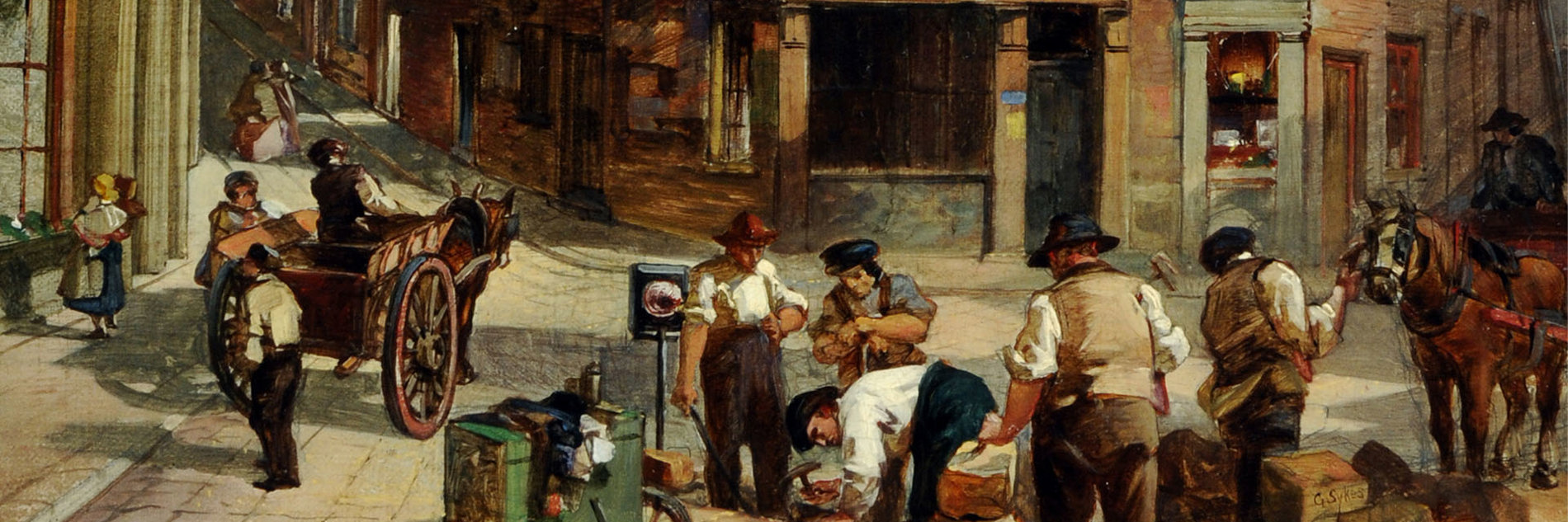 A cropped image of Godfrey Sykes' painting Norfolk Street and Pinstone Street with St Paul's Sheffield. This cropped image shows the bottom third of the painting. On the left of the frame, there is a horse drawn cart, whose driver has pulled over for a chat with someone on the street. To the right, there are five men sorting out a large delivery of packages. Behind them, the streets and buildings retreat back into the painting.