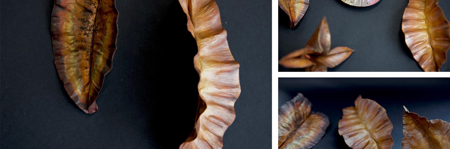 A collage of three photos showing metal worked into various leaf shapes
