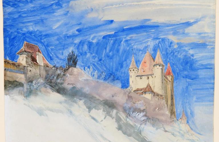 A painting showing two towers in the town of Thun. They are painted from below and sit a top a peak, looking over the town. the sky is a bright blue colour