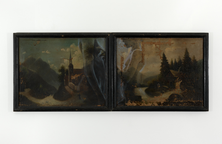 A diptych work. A landscape spans both work, showing mountains, trees and wooden houses. The paint is peeling. On top of that, spanning both frames, are grey scale paintings of what seems to be a nude female and a younger nude male. 
