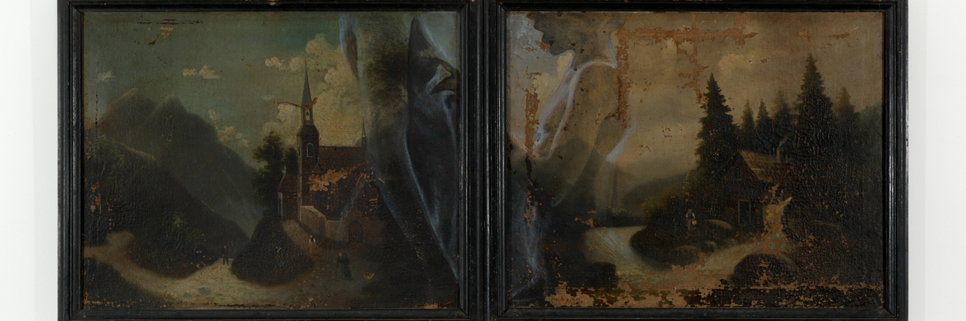 A diptych work. A landscape spans both work, showing mountains, trees and wooden houses. The paint is peeling. On top of that, spanning both frames, are grey scale paintings of what seems to be a nude female and a younger nude male. 