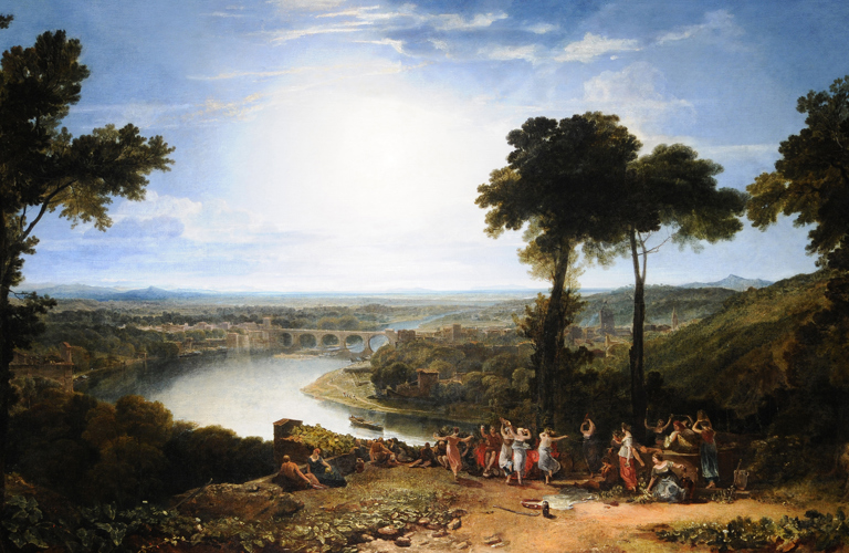 An oil painting of a rural landscape on a sunny day. In the foreground figures dance and celebrate on a hillside.  In the background there is a river, trees, buildings and a bridge, with mountains in the distance. 