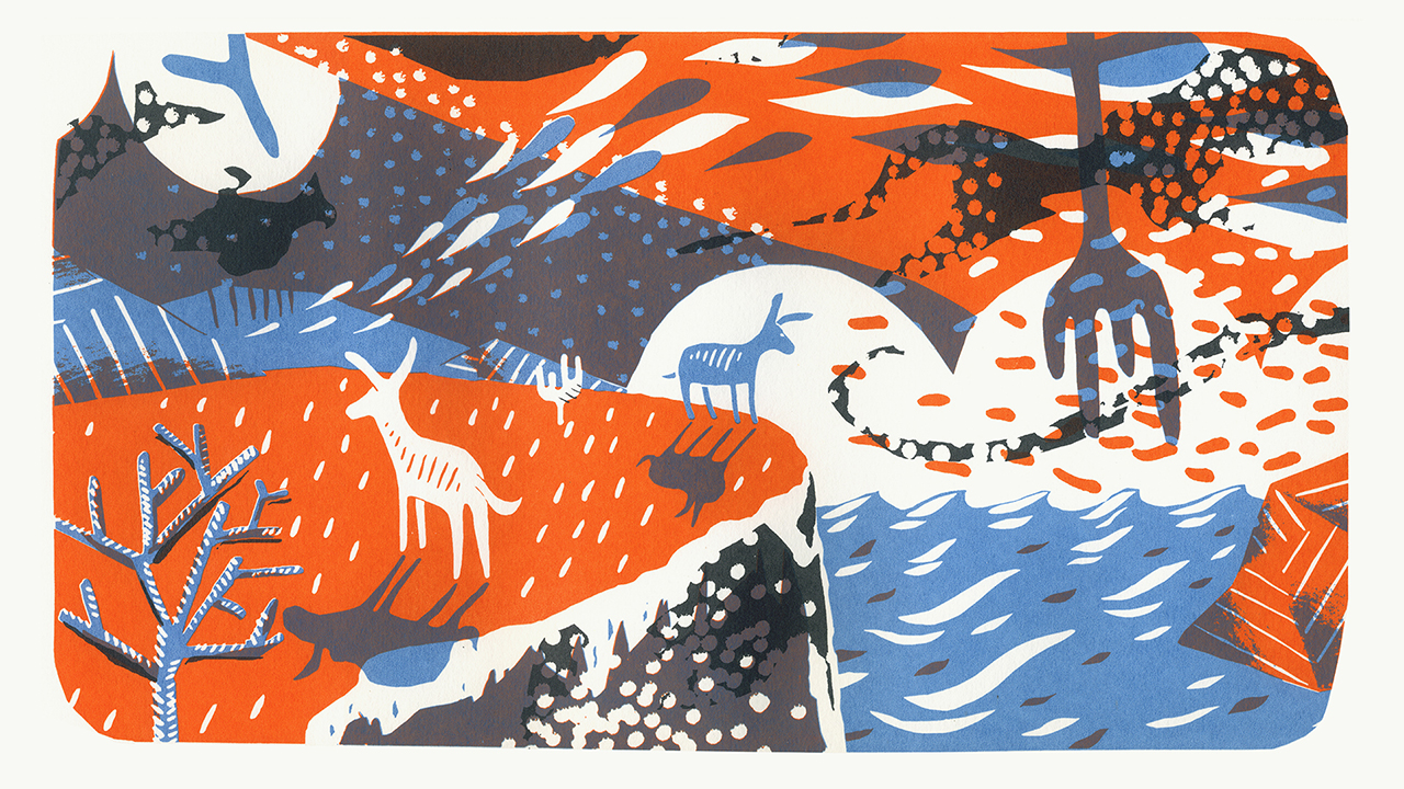 A colourful, abstract, screen print scene. The image features blues, greys and oranges. There are two donkeys stood on a cliff with the sea below, to the right. The sky is made up of swirls, raindrops and blocks of colour.