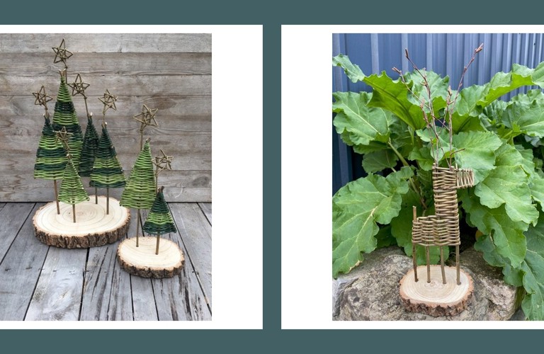 A composite image of various willow makes. On the left, there are green willow Christmas trees, stood on a log slice. On the right, there is a small willow deer.