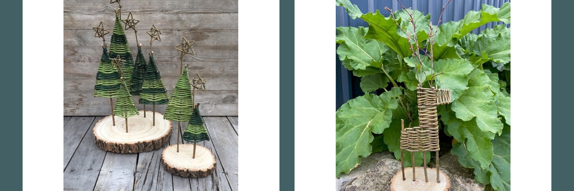 A composite image of various willow makes. On the left, there are green willow Christmas trees, stood on a log slice. On the right, there is a small willow deer.