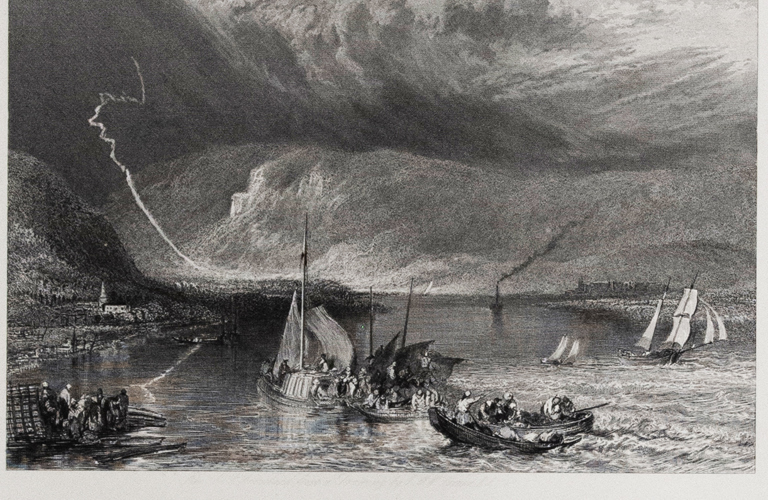 A landscape engraving of several sailing boats under a stormy sky. 