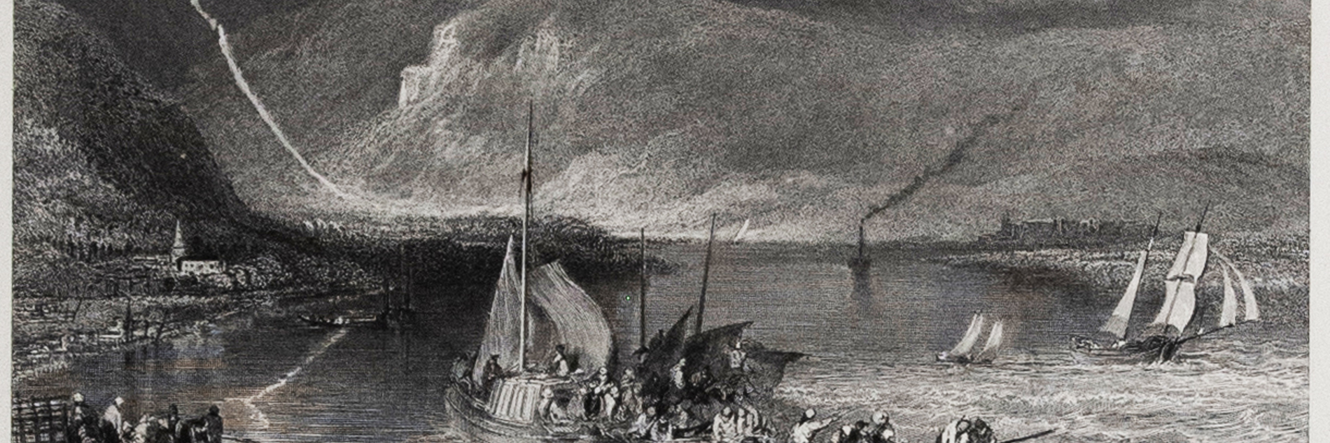 A landscape engraving of several sailing boats under a stormy sky. 